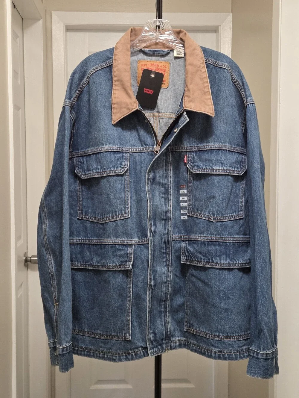 NWT Levi's Blue Denim Field Jacket Tan Corduroy Collar 100% Cotton Utility Chore - Picture 2 of 9